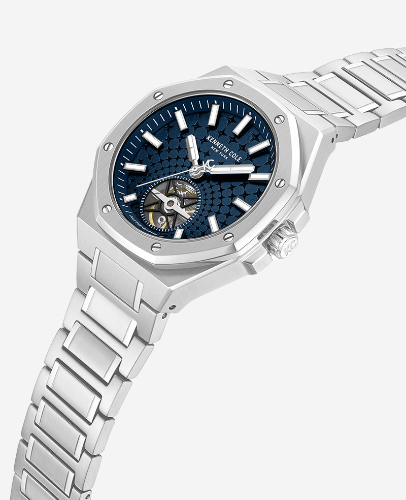 Kenneth Cole Reaction Watches Skeleton Automatic Blue Dial Stainless Steel Bracelet Watch argento