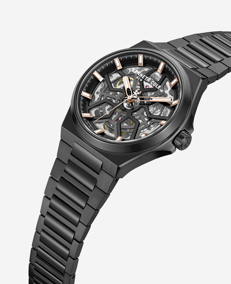 Kenneth Cole Reaction Watches Skeleton Automatic orologio con bracciale nero in acciaio
