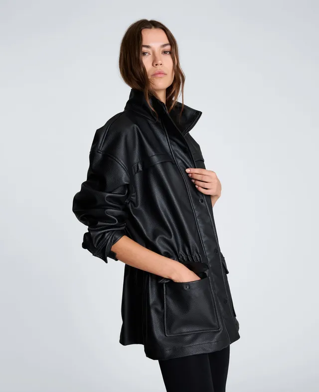 Kenneth Cole Reaction Clothing Cinch Waist Jacket with Flap Pockets giacca nera in similpelle
