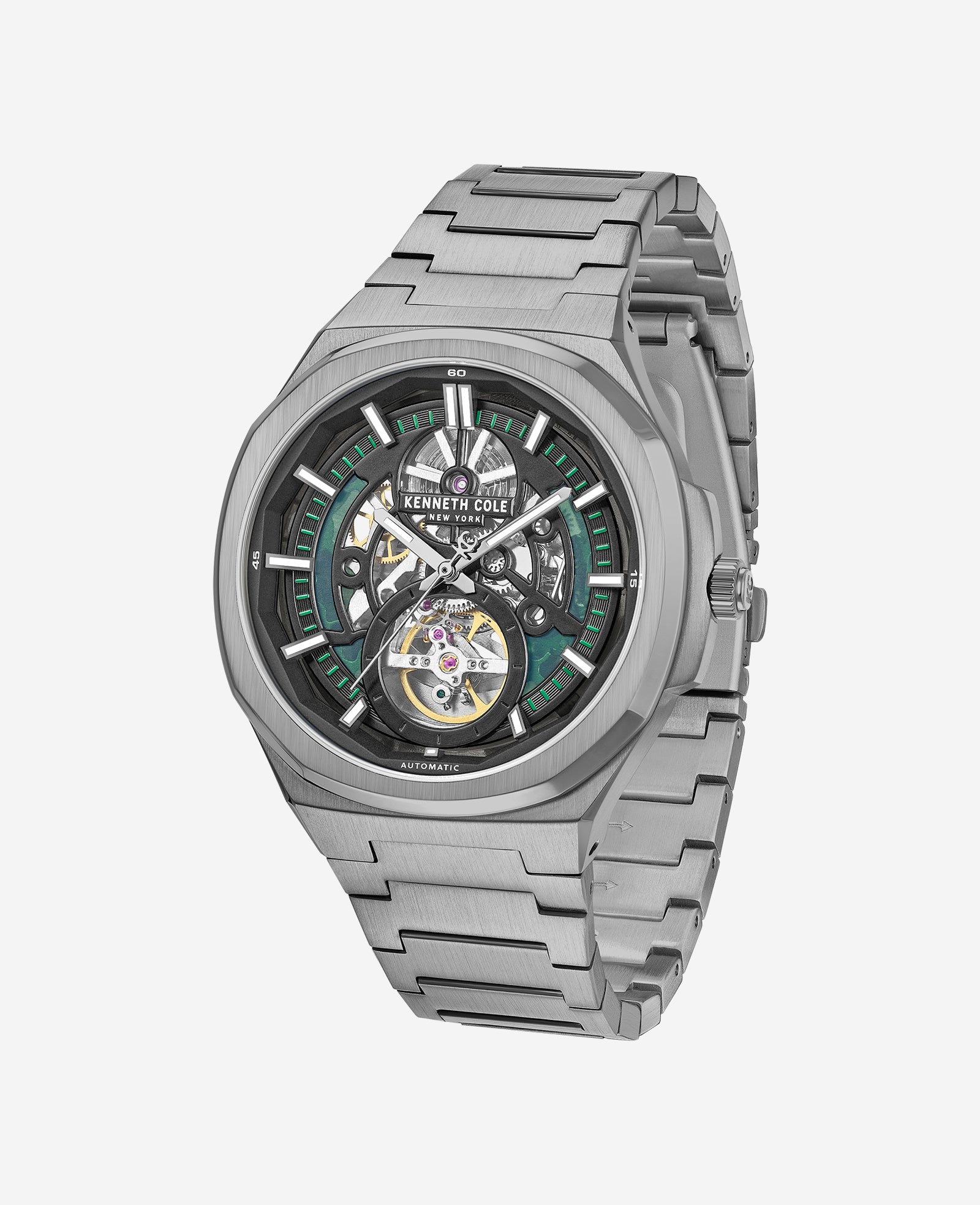 Kenneth Cole Reaction Watches Skeleton Automatic Bracelet Watch orologio automatico grigio scuro con bracciale in acciaio