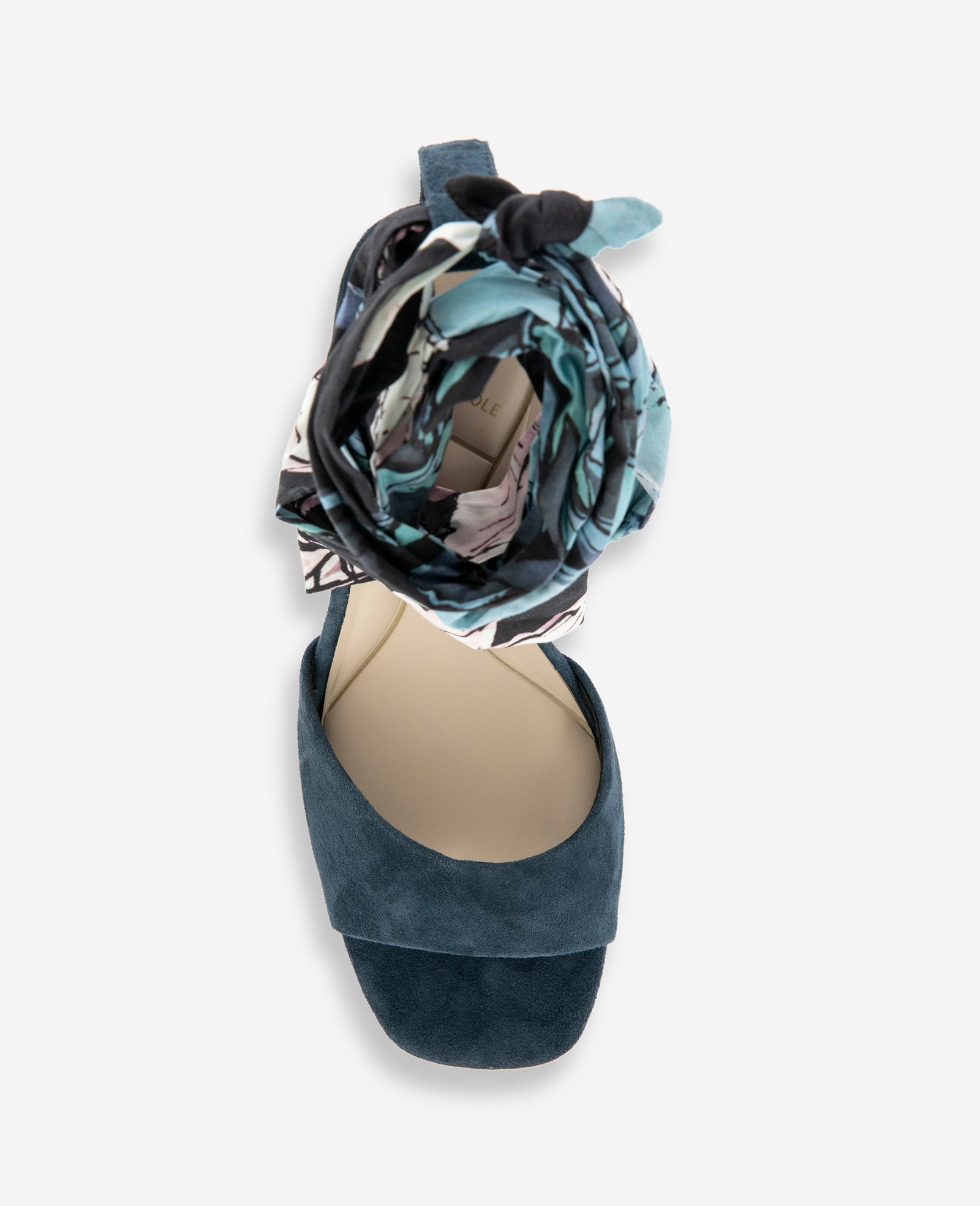 Kenneth Cole Reaction Shoes Fabia Printed Fabric Wrap Around Suede & Raffia Wedge sandalo zeppa blu navy