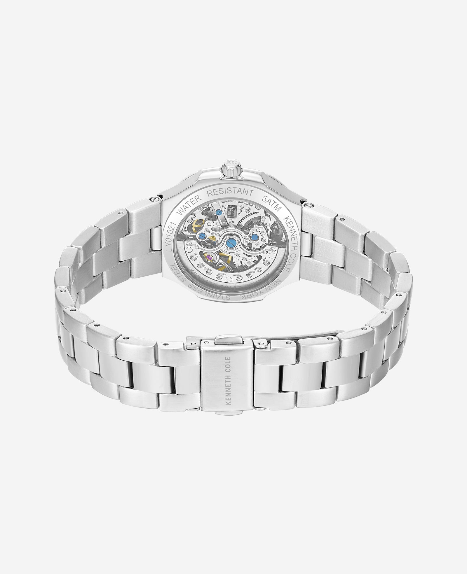 Kenneth Cole Reaction Watches Skeleton Automatic Crystal Lined Outer Dial Bracelet Watch orologio argento