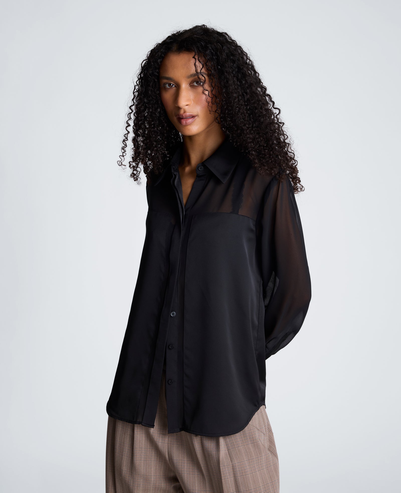 Kenneth Cole Reaction Clothing Long Sleeve Button Front Shirt with Sheer Sleeves camicia nera