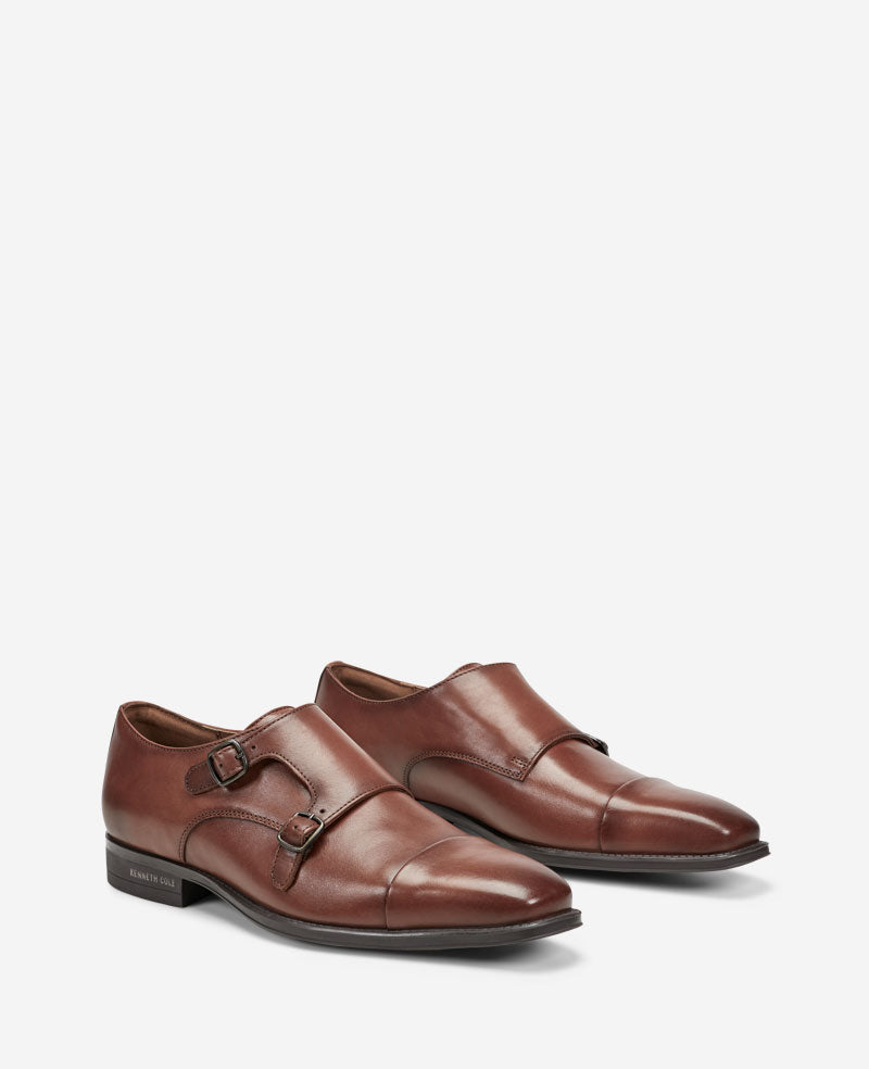 Kenneth Cole Reaction Shoes Charles Double Monk Strap Cap Toe Oxford scarpe cognac in pelle
