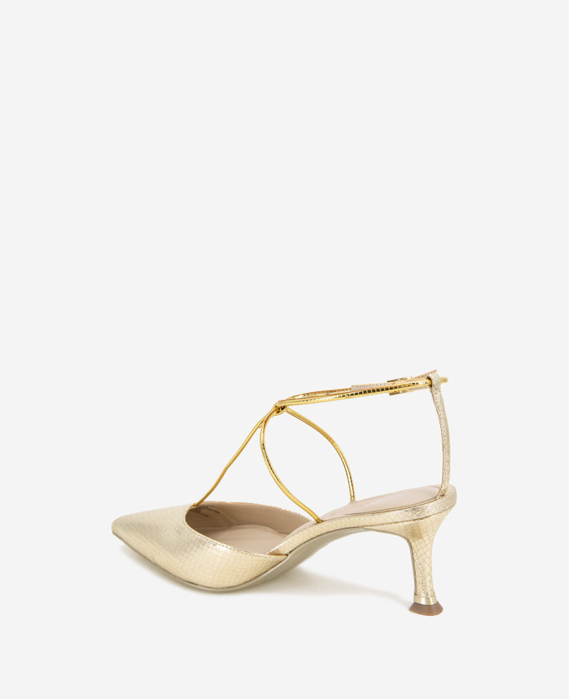 Kenneth Cole Reaction Shoes Umi T-Strap Metallic Heel scarpe con tacco oro serpente