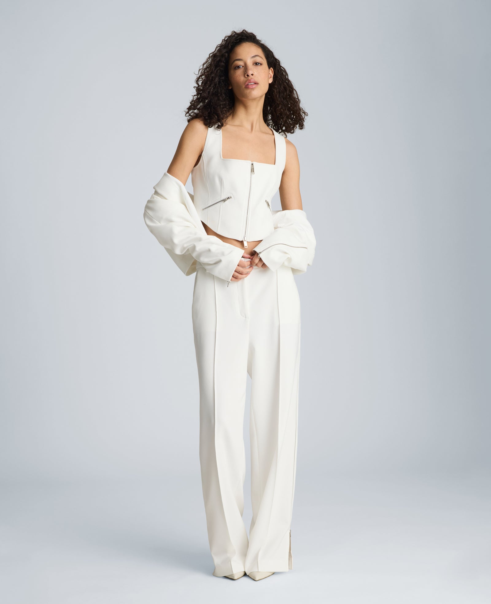 Kenneth Cole Reaction Clothing Fitted Zip Front Bodice with Zip Pockets top bianco cropped