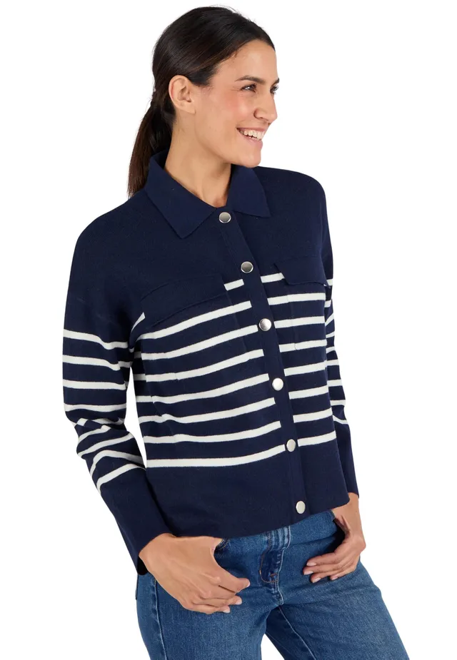 Damart Prêt-à-porter gilet termico donna blu marino a righe 50-52 Thermolactyl