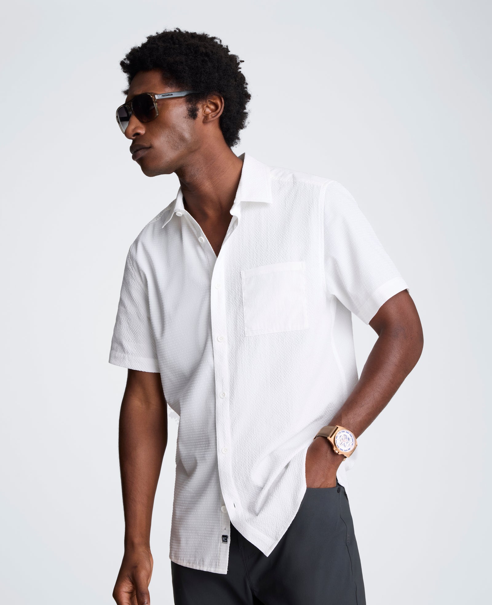 Kenneth Cole Reaction Clothing Slim Fit Short-Sleeve Mixed-Media Sport Shirt camicia bianca in poliestere