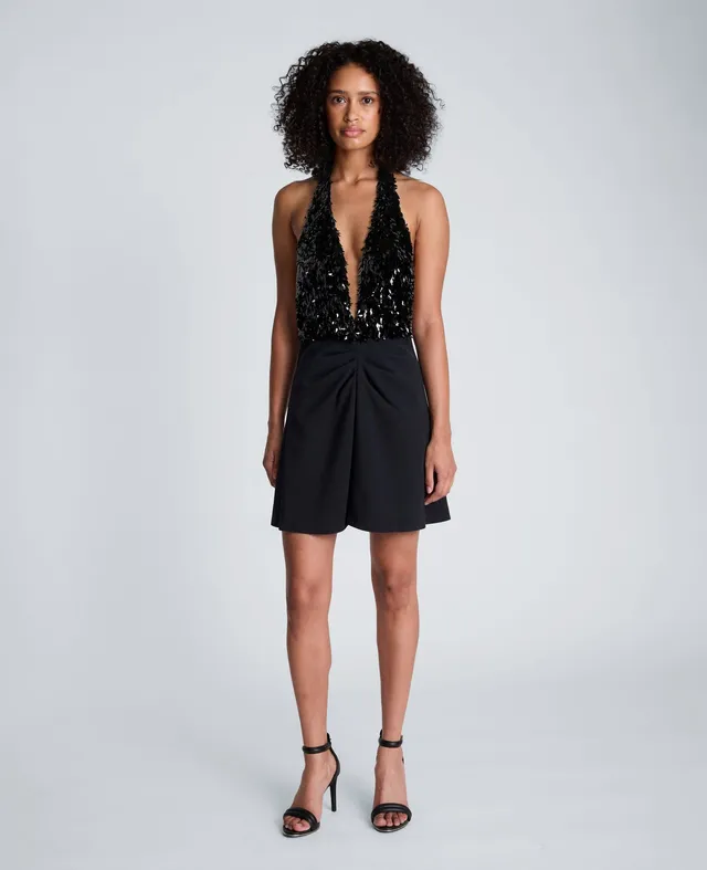 Kenneth Cole Reaction Sequin and Textured Crepe Halter Mini Dress abito nero corto