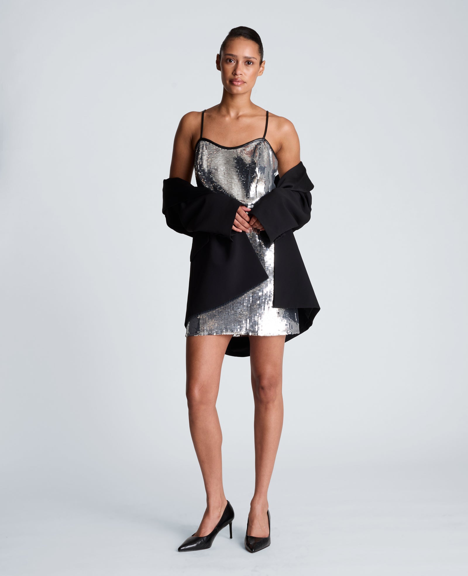 Kenneth Cole Reaction Clothing Sweetheart Neck Mini Dress abito argento paillettes