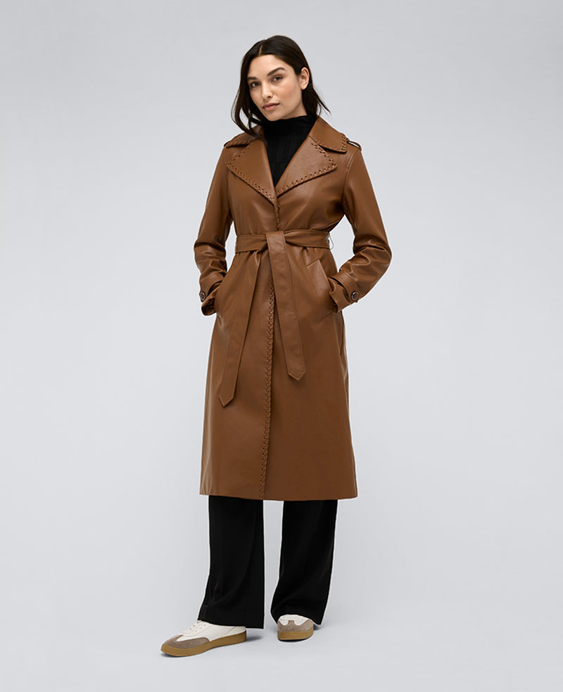 Kenneth Cole Reaction Clothing Faux Leather Belted trench in ecopelle cognac
