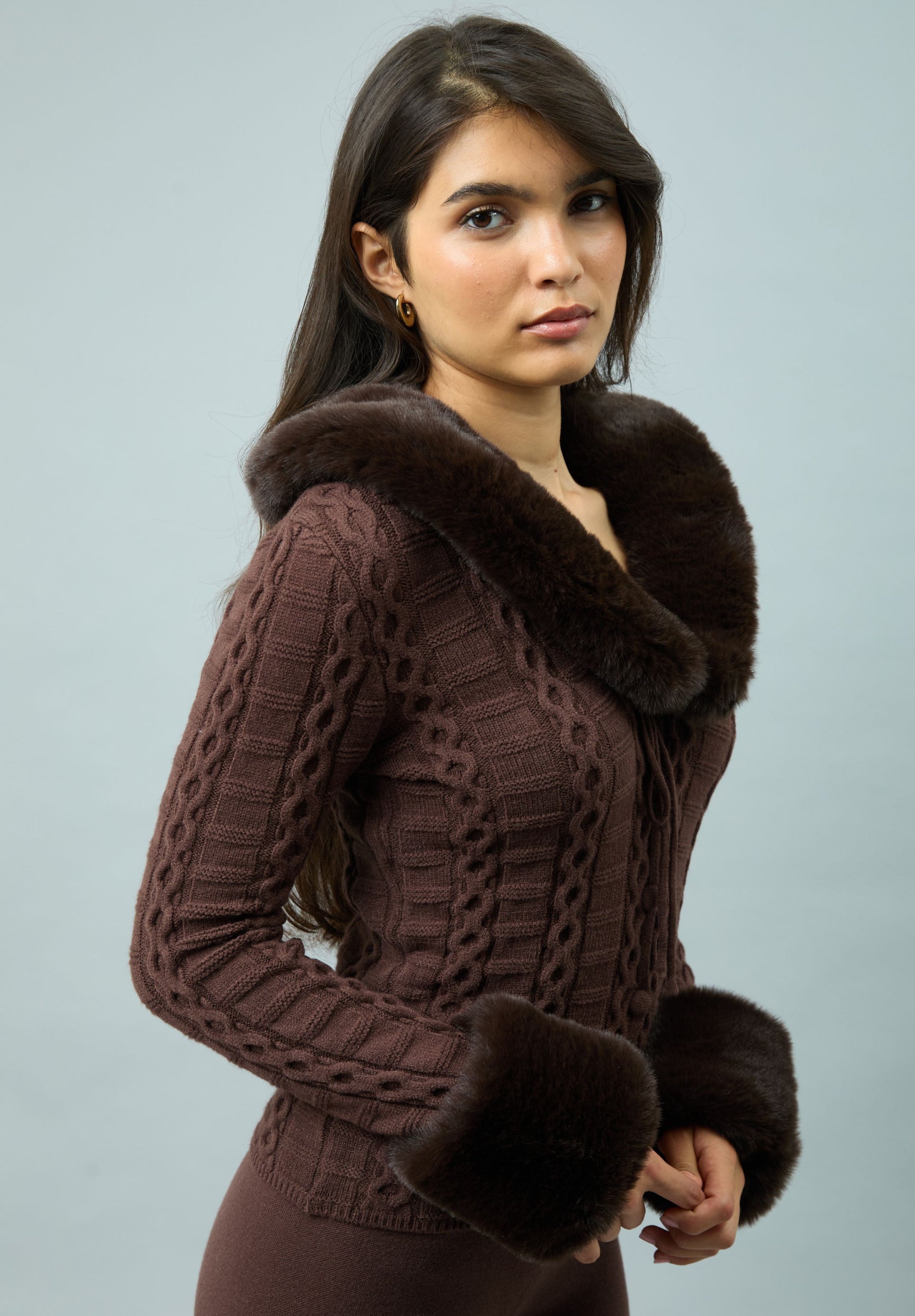 House Of Sunny Women's Knitwear CHOCOLATE FUR COLLAR CABLE PEGGY cardigan UK 6-18 collo staccabile