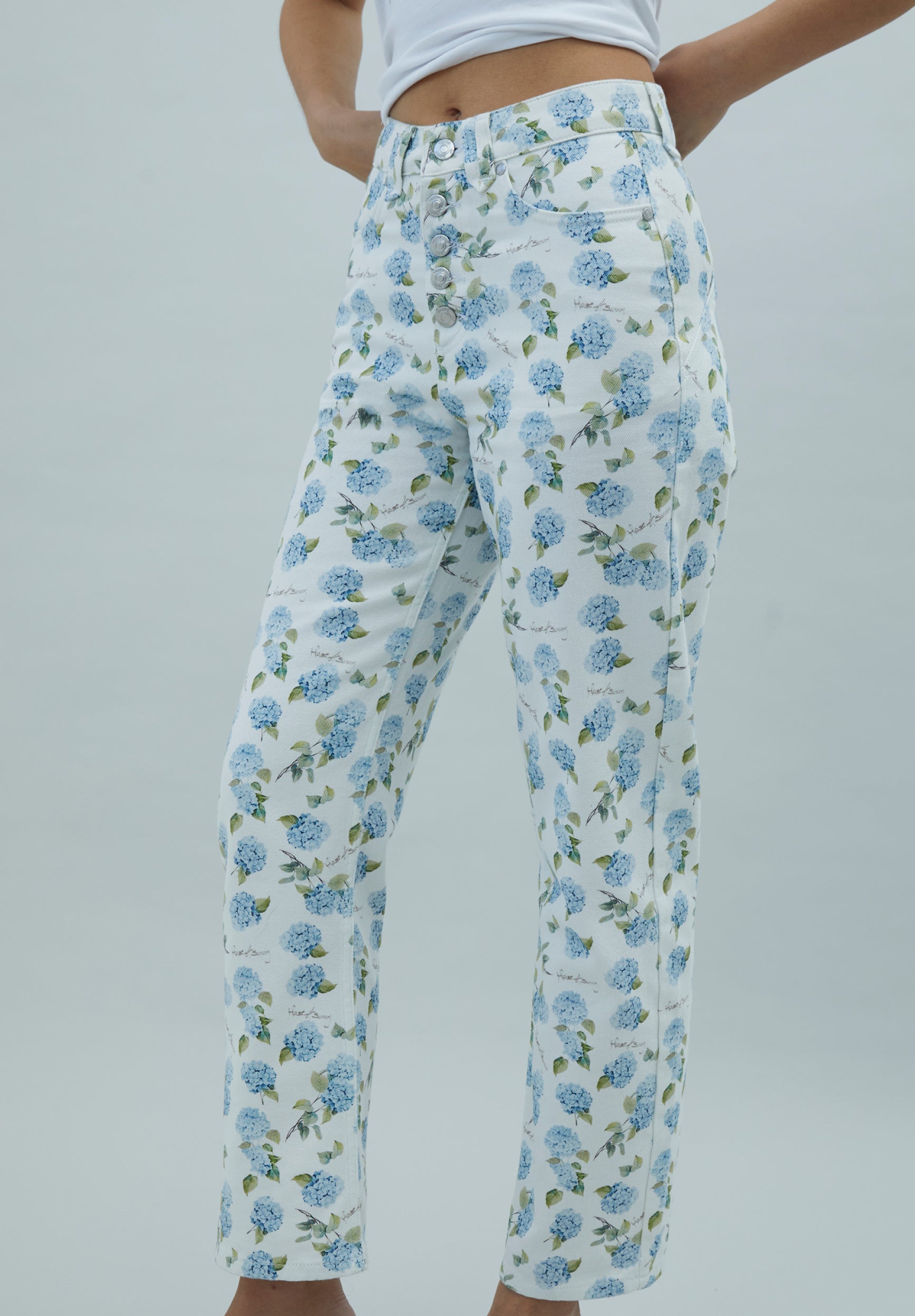 House Of Sunny Women's Denim Hydrangea Jessie Jeans jeans dritti taglie UK 6-18 stampa botanica