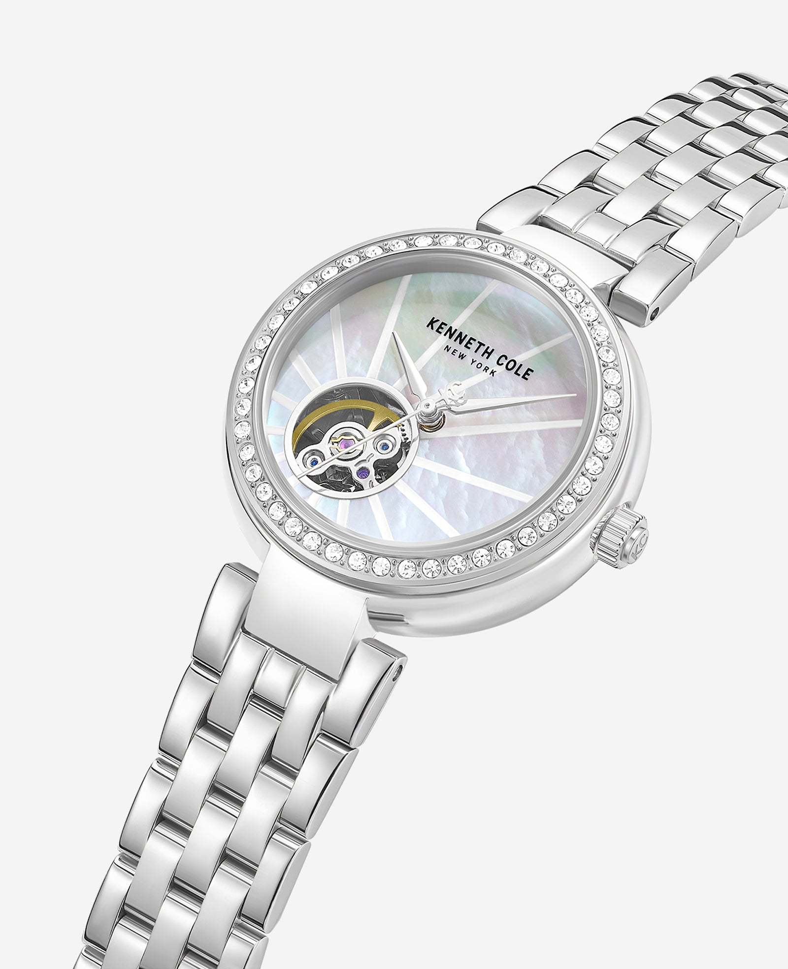 Kenneth Cole Reaction Watches Open Heart Automatic Crystal Lined MOP Dial Bracelet Watch orologio argento
