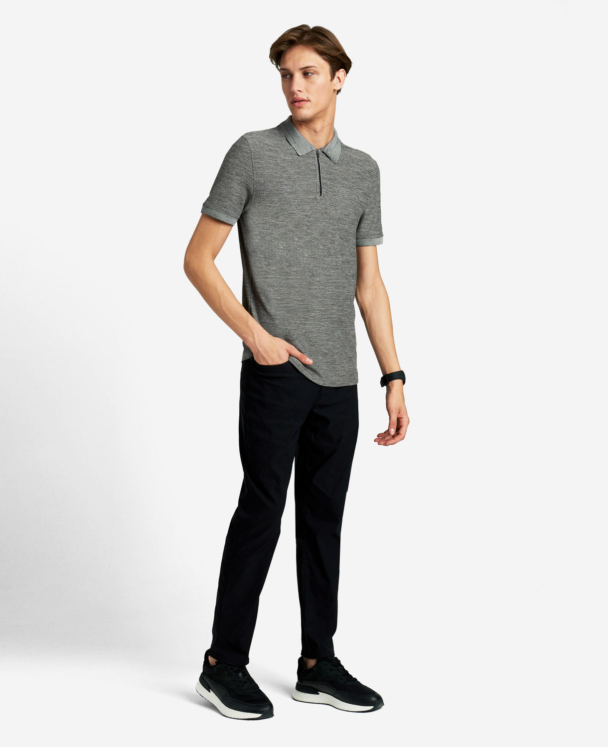 Kenneth Cole Reaction Clothing Zip-Up Knit Polo polo grigia mélange