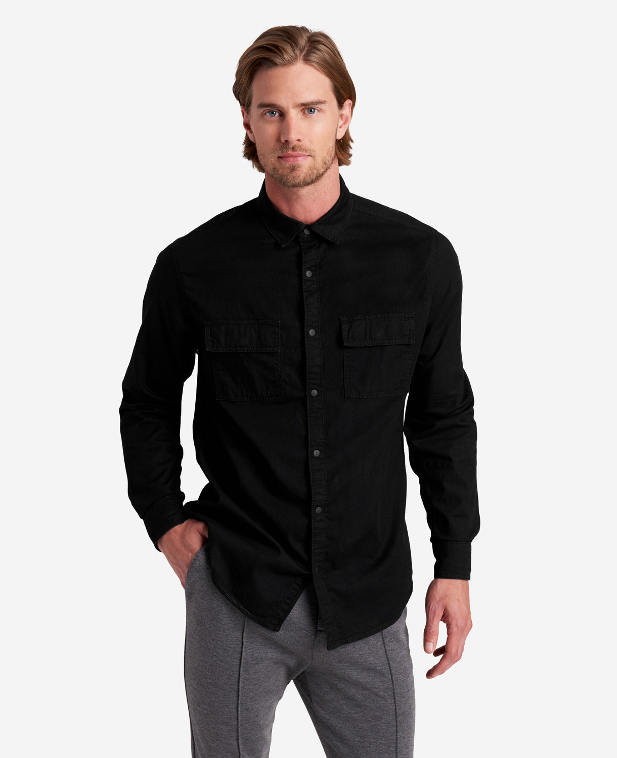 Kenneth Cole Reaction Clothing Slim-Fit Organic Stretch Denim Two Pocket Shirt camicia nera