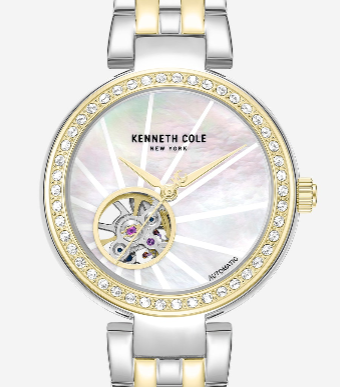 Kenneth Cole Reaction Watches Open Heart Automatic Crystal Lined MOP Dial Two Tone Bracelet Watch