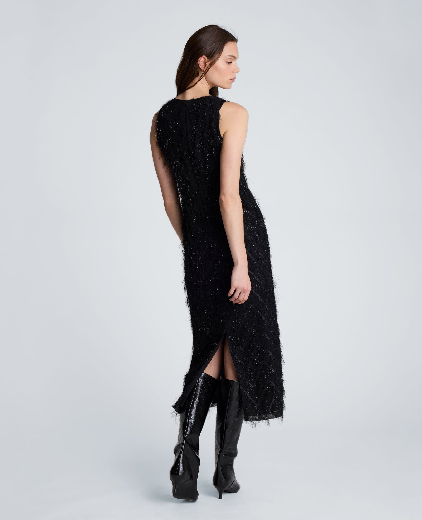 Kenneth Cole Reaction Clothing Fringed Organza Midi Sheath Dress abito midi nero