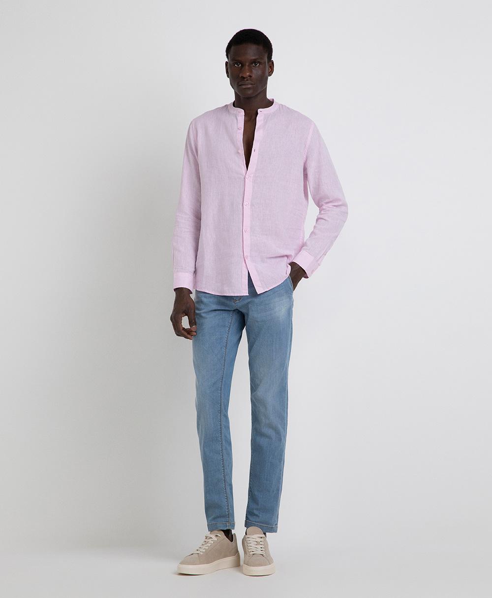 Markup Uomo Camicie Camicia manica lunga collo coreano lino cotone