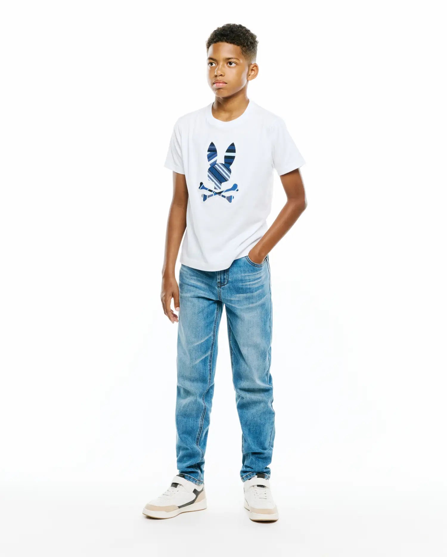 Psycho Bunny Kids Tees Drew Graphic Tee maglietta bianca in cotone Pima
