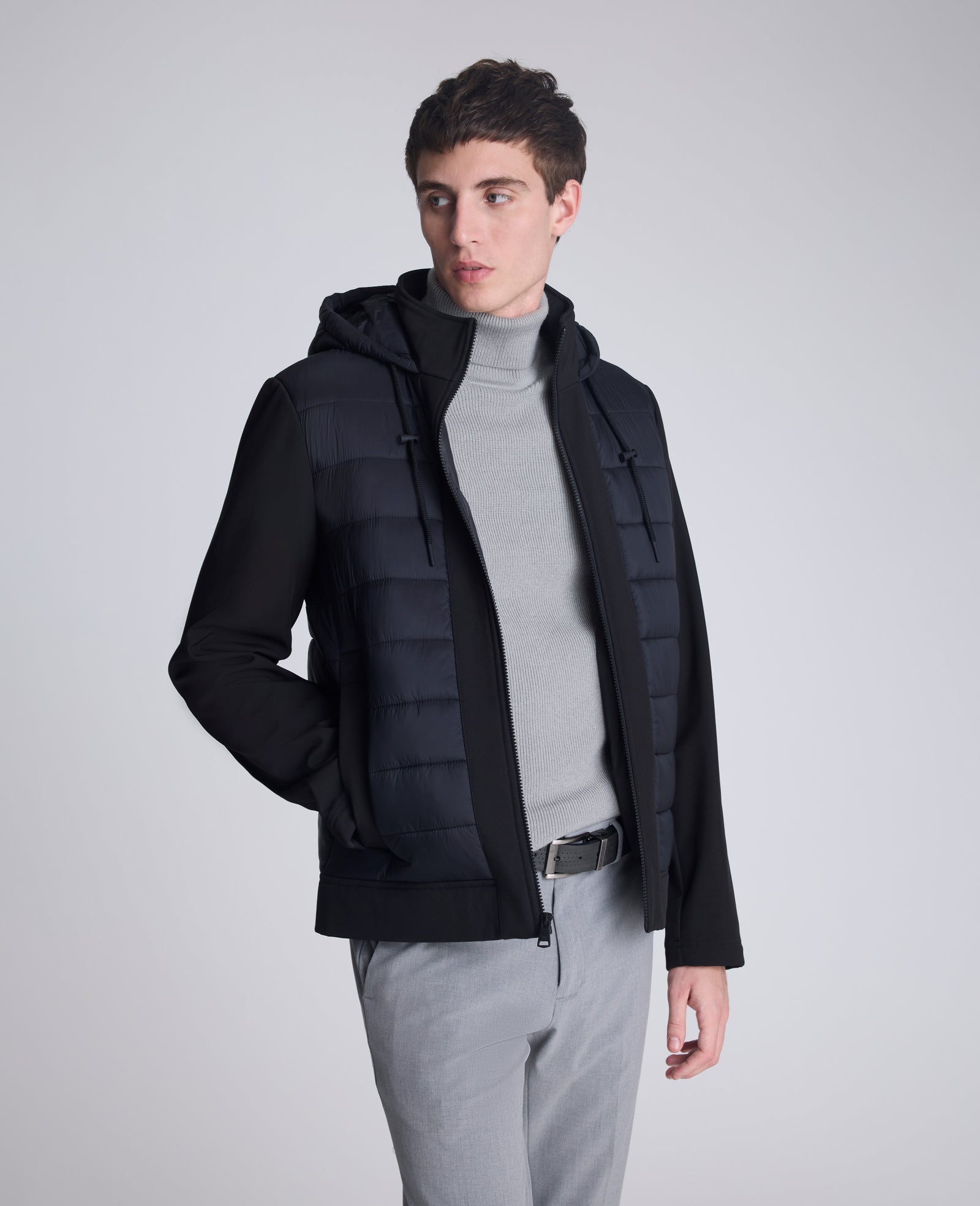 Kenneth Cole Reaction Clothing Mixed Media Hooded Soft Shell Jacket giacca nera con cappuccio