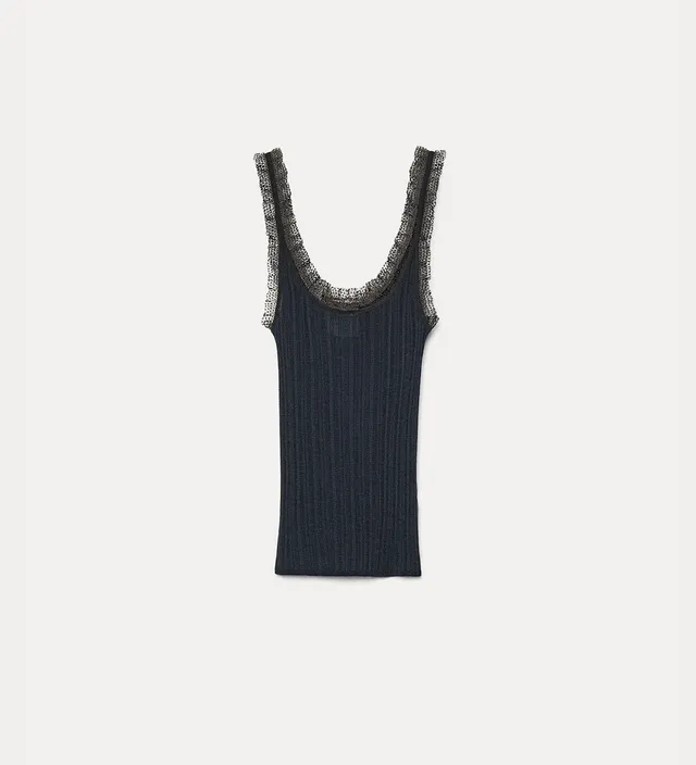 Forte maglieria Chic top a costine notte con pizzo