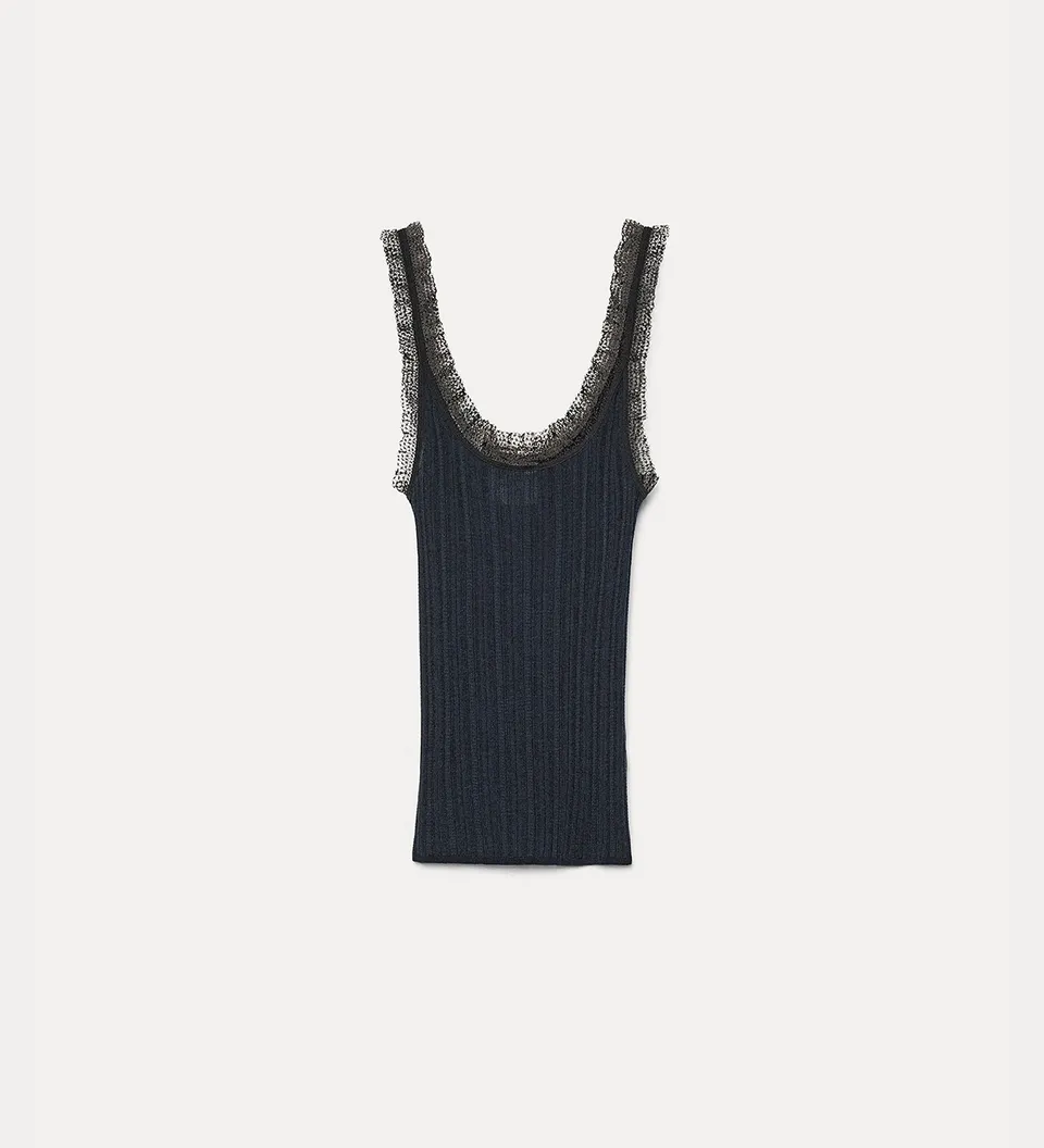 Forte maglieria Chic top a costine notte con pizzo
