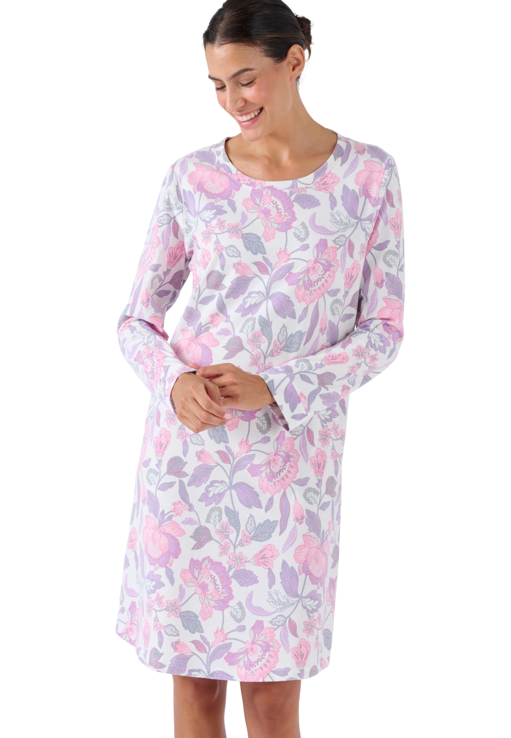 Damart Homewear camicia da notte smerata donna rosa fiori indiani