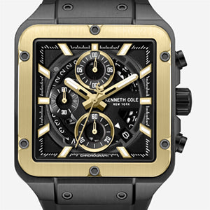 Kenneth Cole Reaction Watches Skeleton Automatic Gold Tone Bezel Black Silicone Strap Watch orologio nero