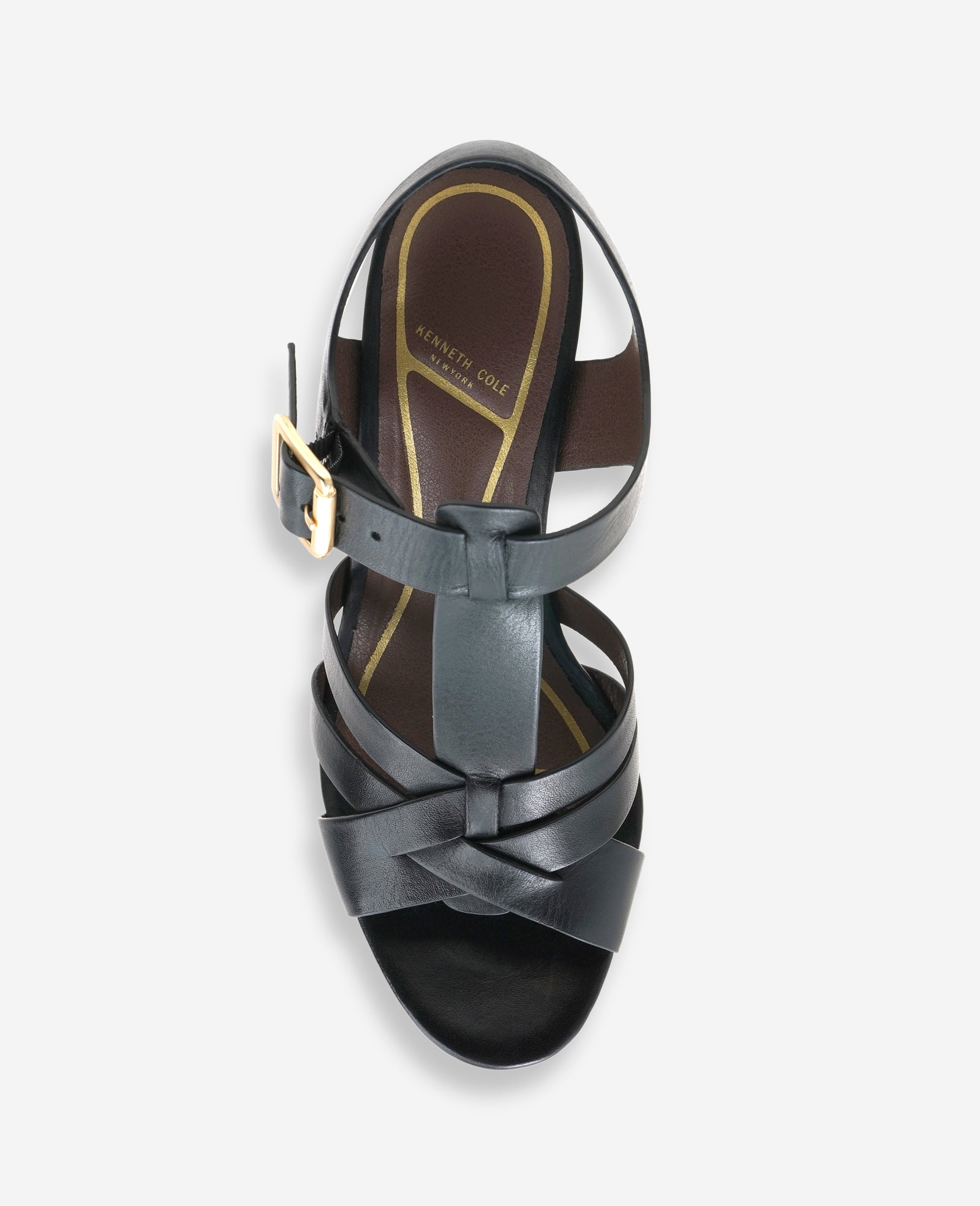 Kenneth Cole Reaction Shoes Lotus Woven Leather T-Strap Wood Platform Sandal sandalo nero in pelle