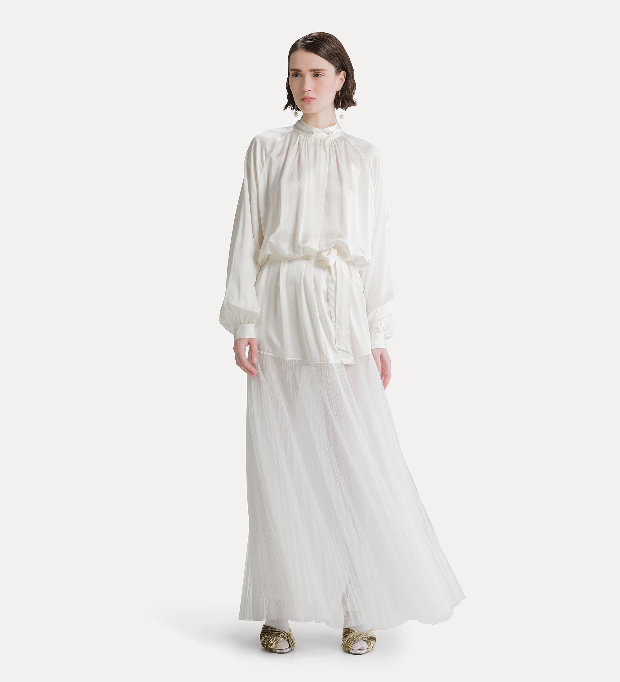 Forte abiti abito lungo bianco in seta e tulle plissé