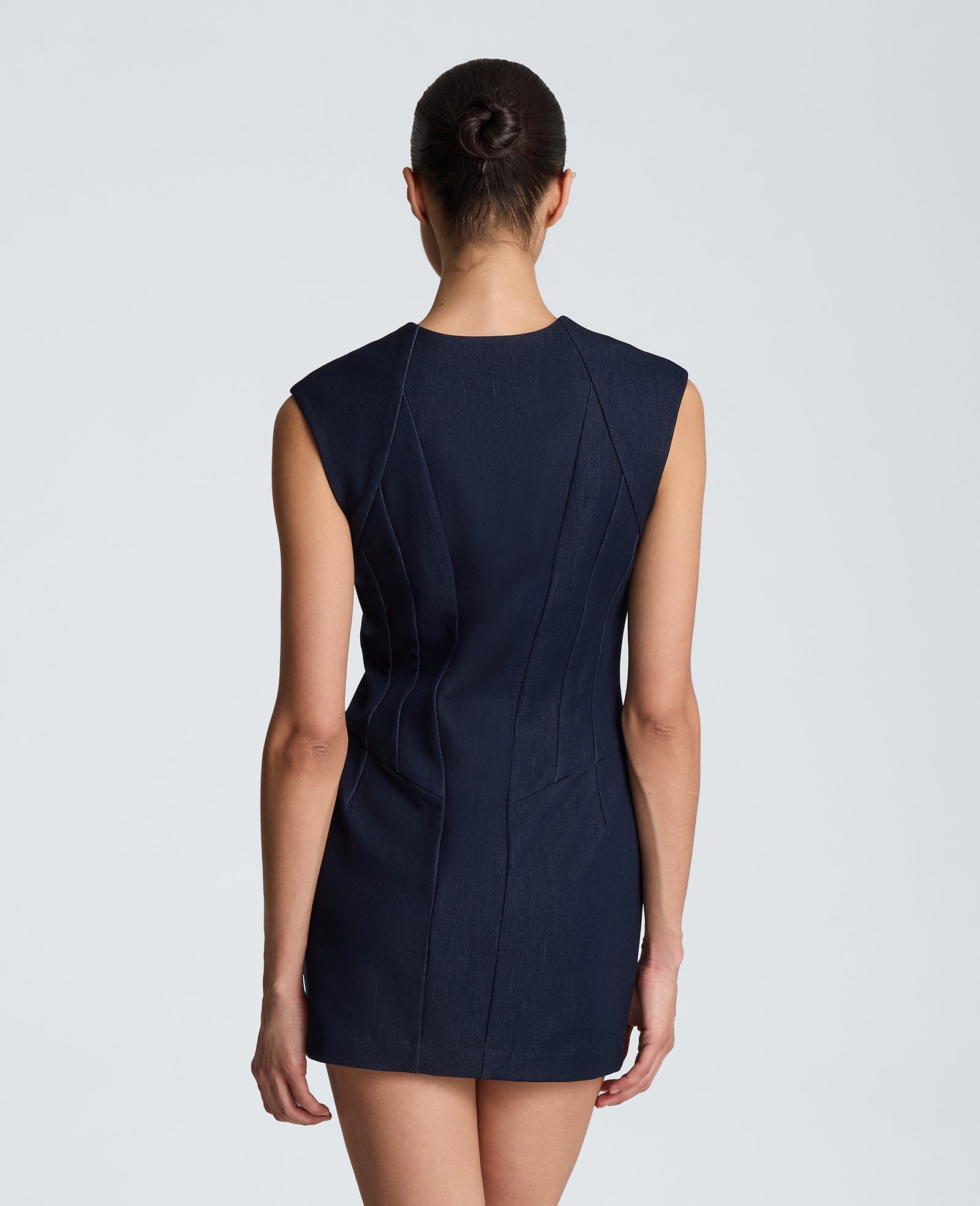 Kenneth Cole Reaction Clothing Halter Neck Zipper Front Mini Dress abito indaco effetto denim