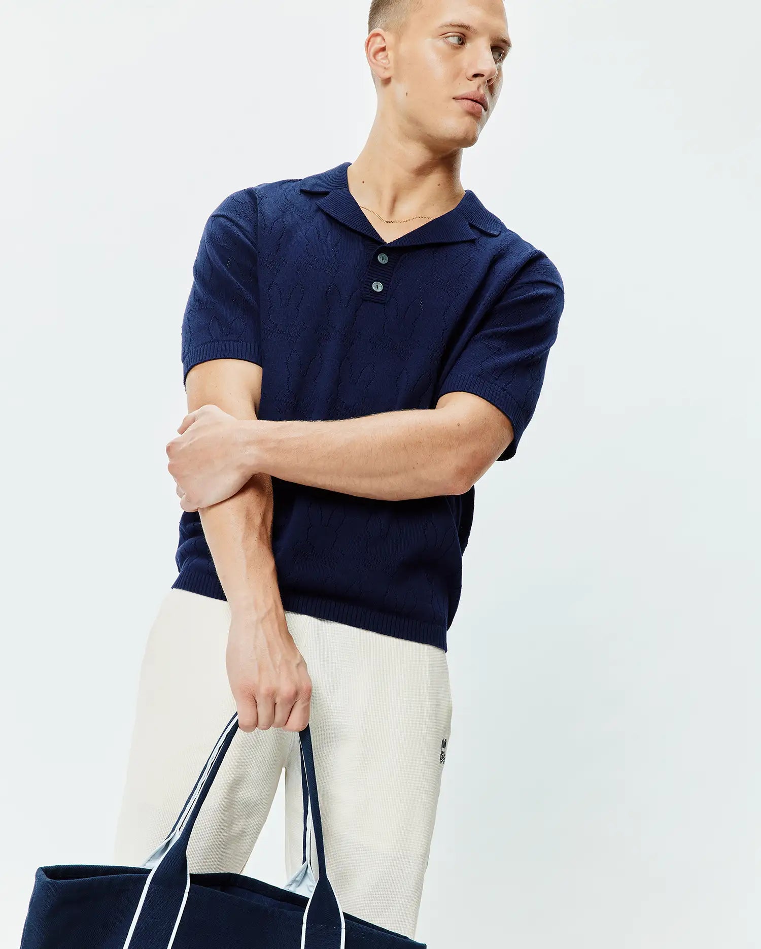 Psycho Bunny Men's Polos Harold Pointelle All Over Bunny Knit Polo blu
