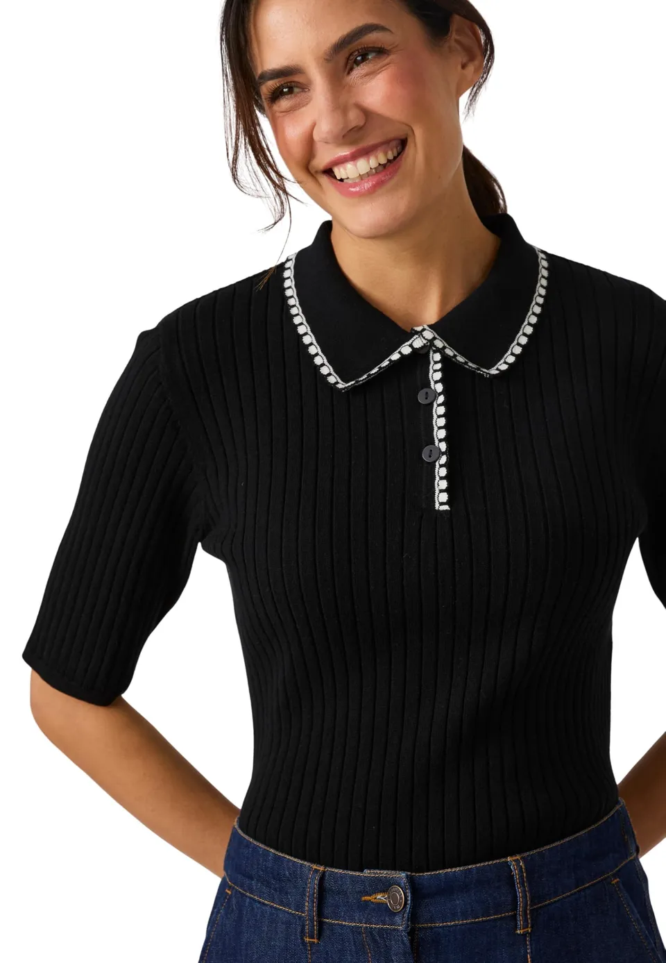 Damart Prêt-à-porter Maglione polo nero donna in cotone biologico