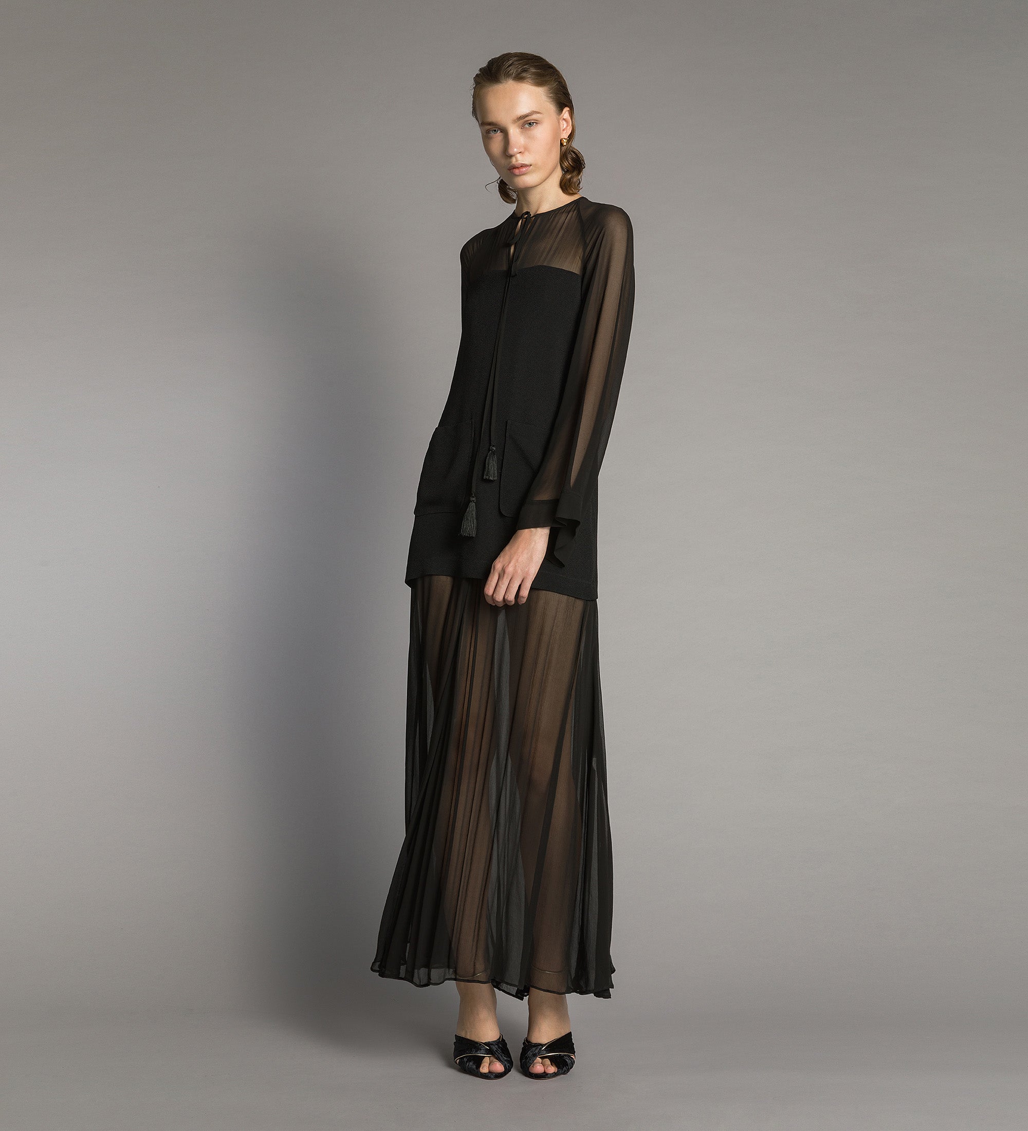 Forte abiti georgette and crepe long dress abito lungo nero fluido