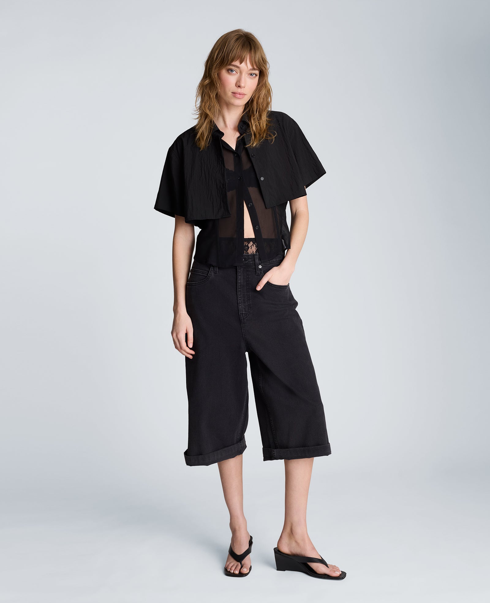 Kenneth Cole Reaction Clothing High Rise Fly Front Culotte Short shorts denim neri