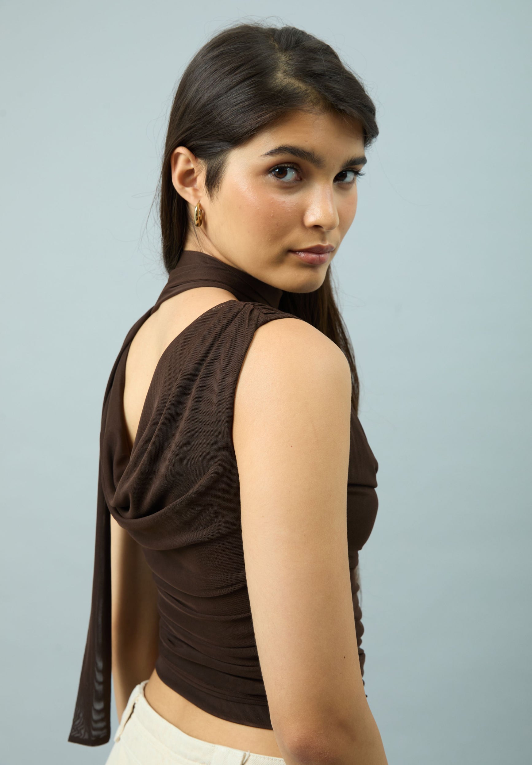 House Of Sunny Womens Tops CHOCOLATE SECOND SKIN DRAPED top mesh