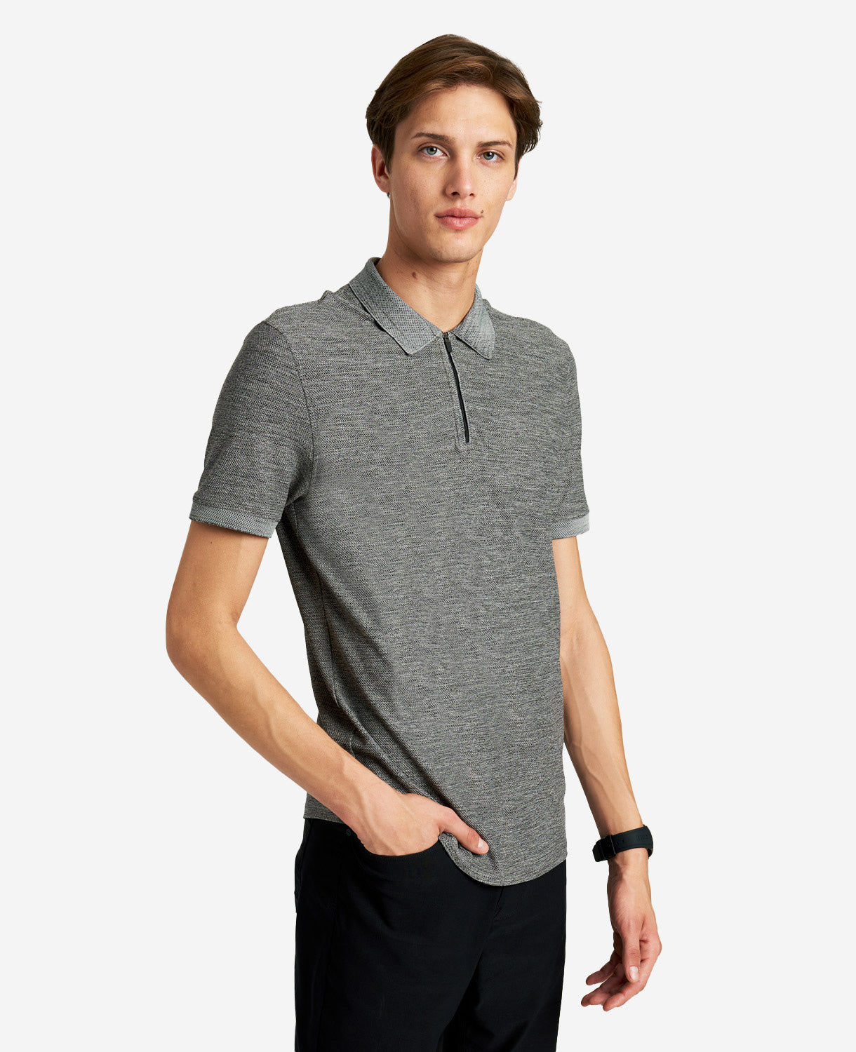 Kenneth Cole Reaction Clothing Zip-Up Knit Polo polo grigia mélange