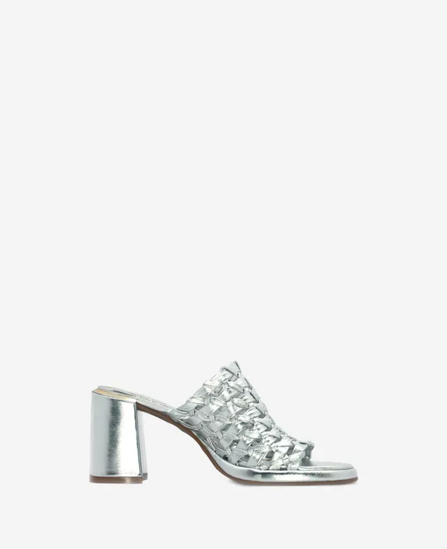 Kenneth Cole Reaction Shoes Solara Metallic Leather Woven Heel Sandal argento