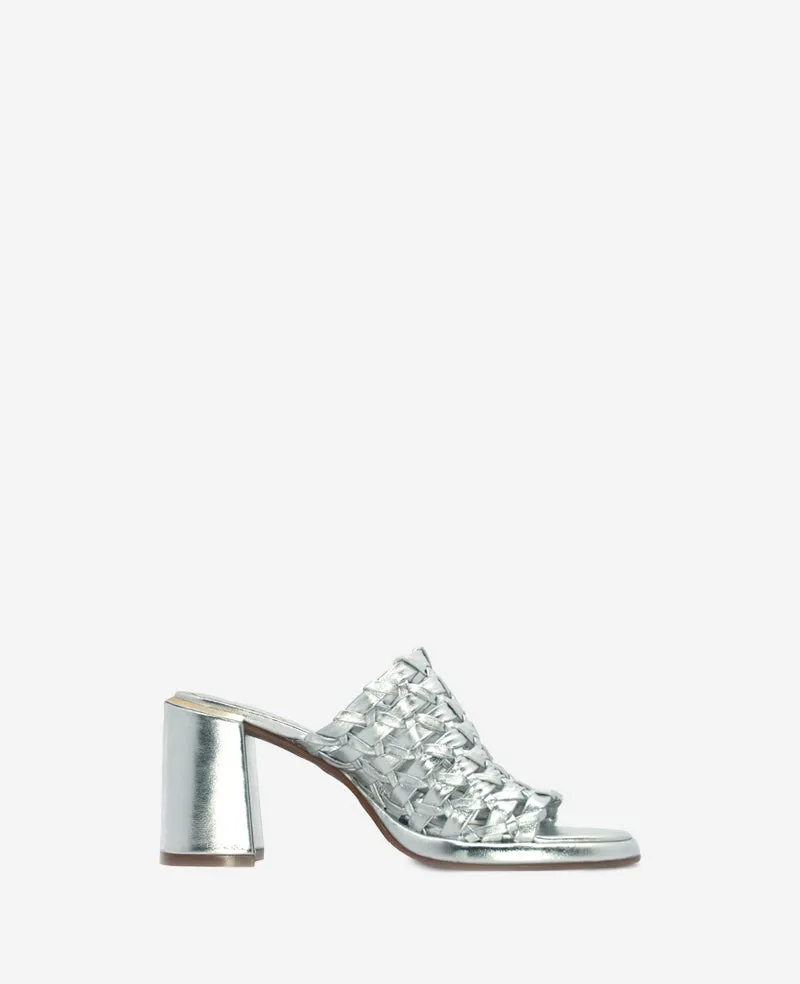 Kenneth Cole Reaction Shoes Solara Metallic Leather Woven Heel Sandal argento