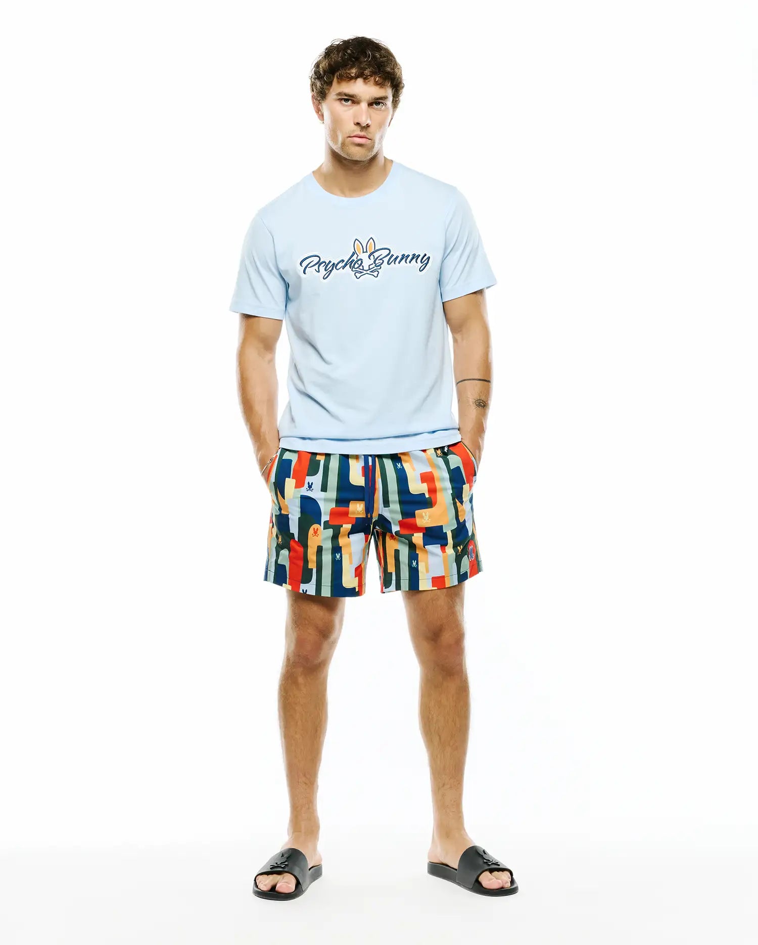 Psycho Bunny Men's Swimwear MENS WES ALL-OVER PRINT SWIM TRUNKS costume da bagno blu navy XXS