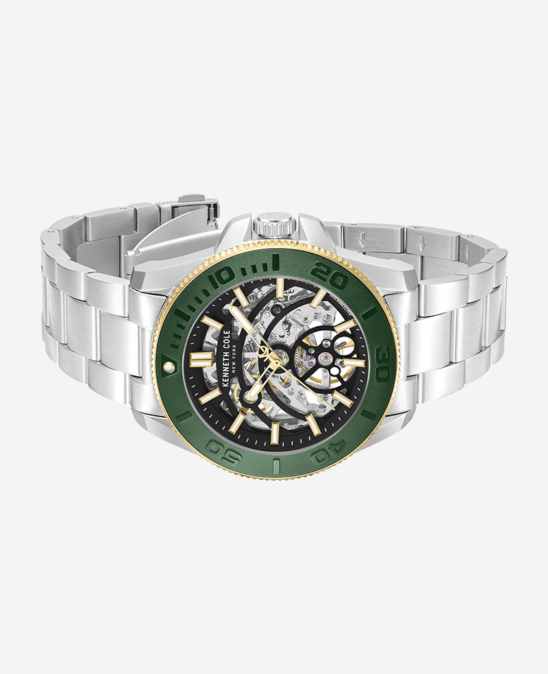 Kenneth Cole Reaction Skeleton Automatic Green Contrast Dial Bracelet Watch orologio automatico argento verde