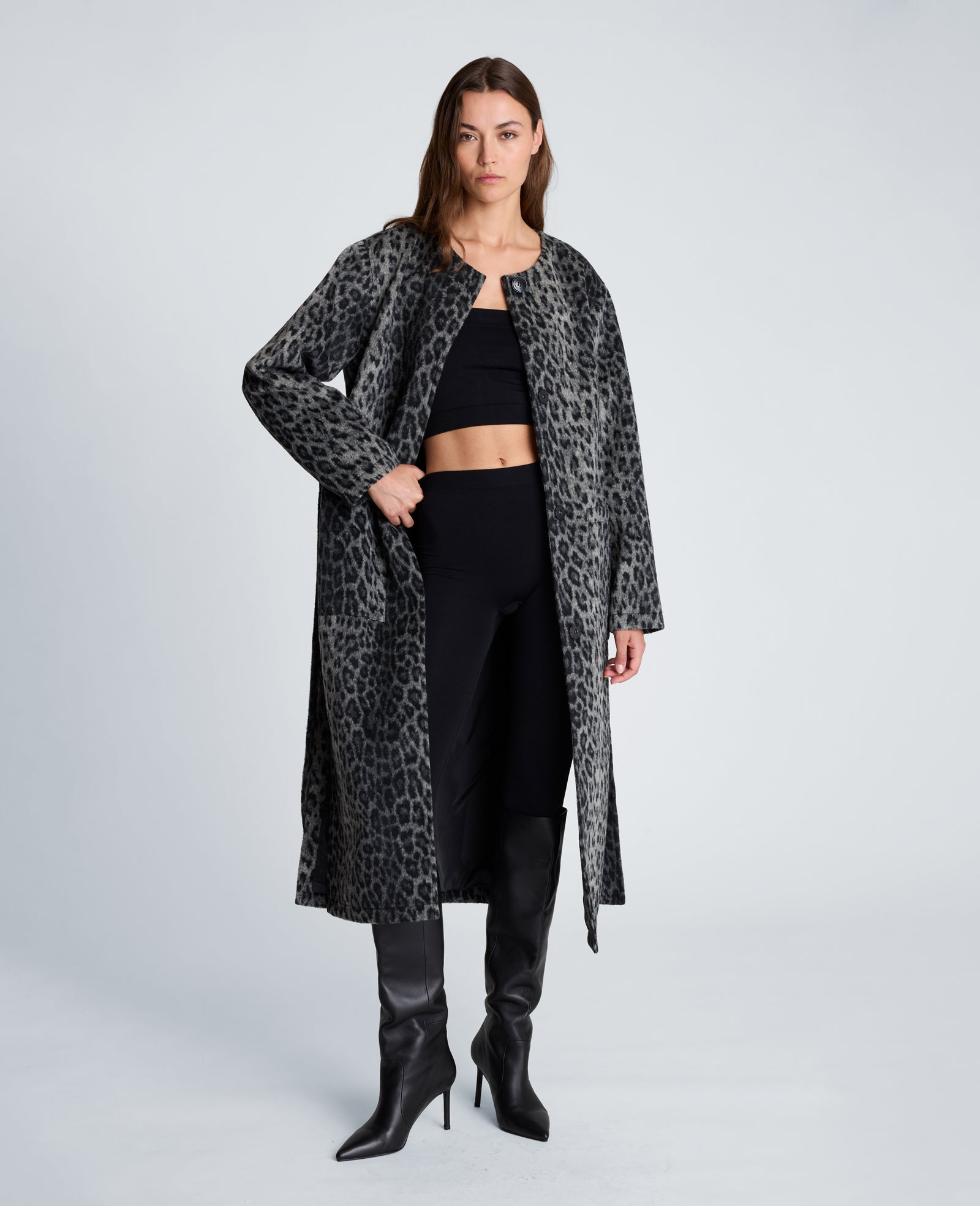 Kenneth Cole Reaction Clothing Jewel Neck Long Wool Wrap Coat cappotto nero leopardato