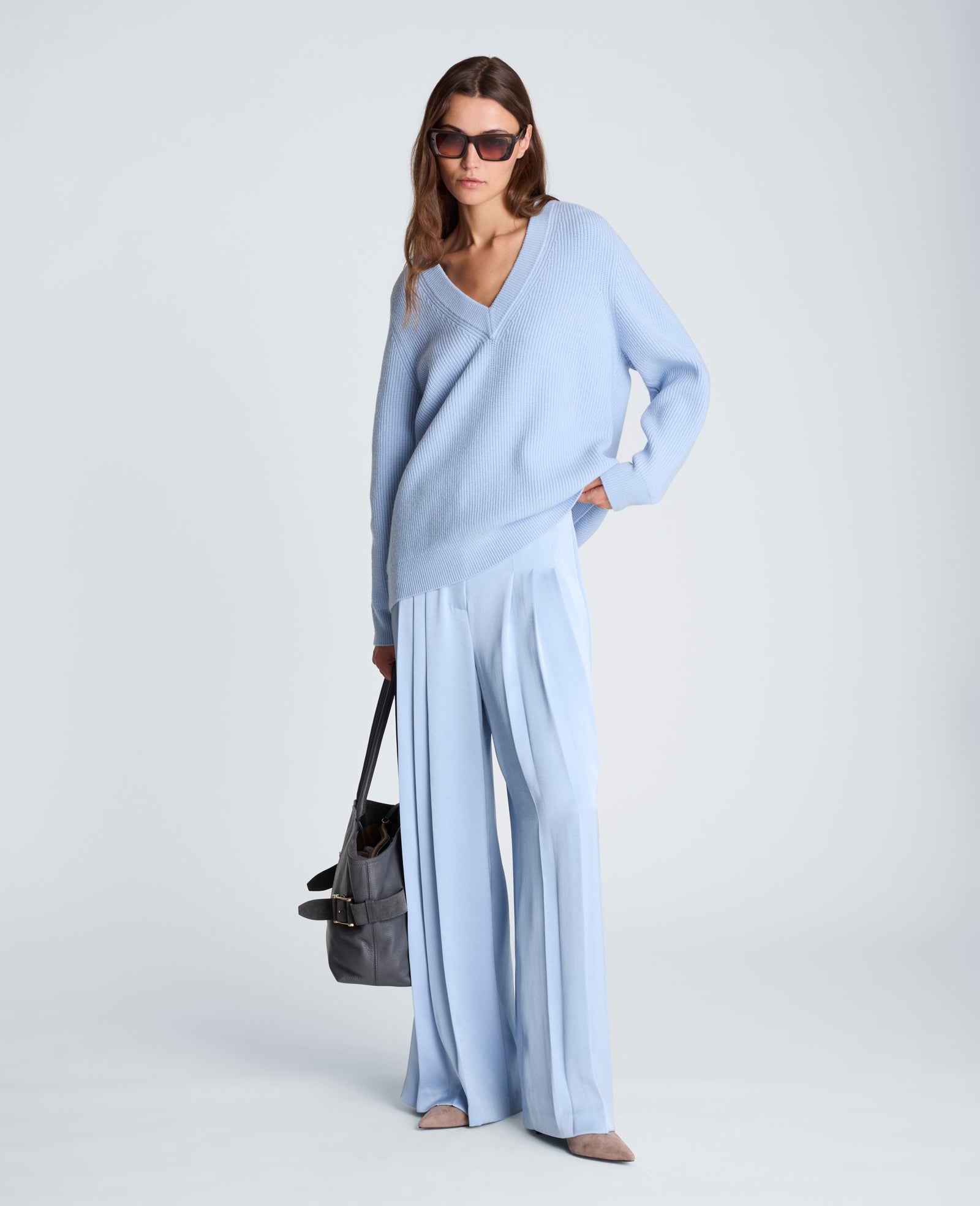 Kenneth Cole Reaction Clothing Oversized V-Neck Raglan Sweater maglione Serene Blue oversize