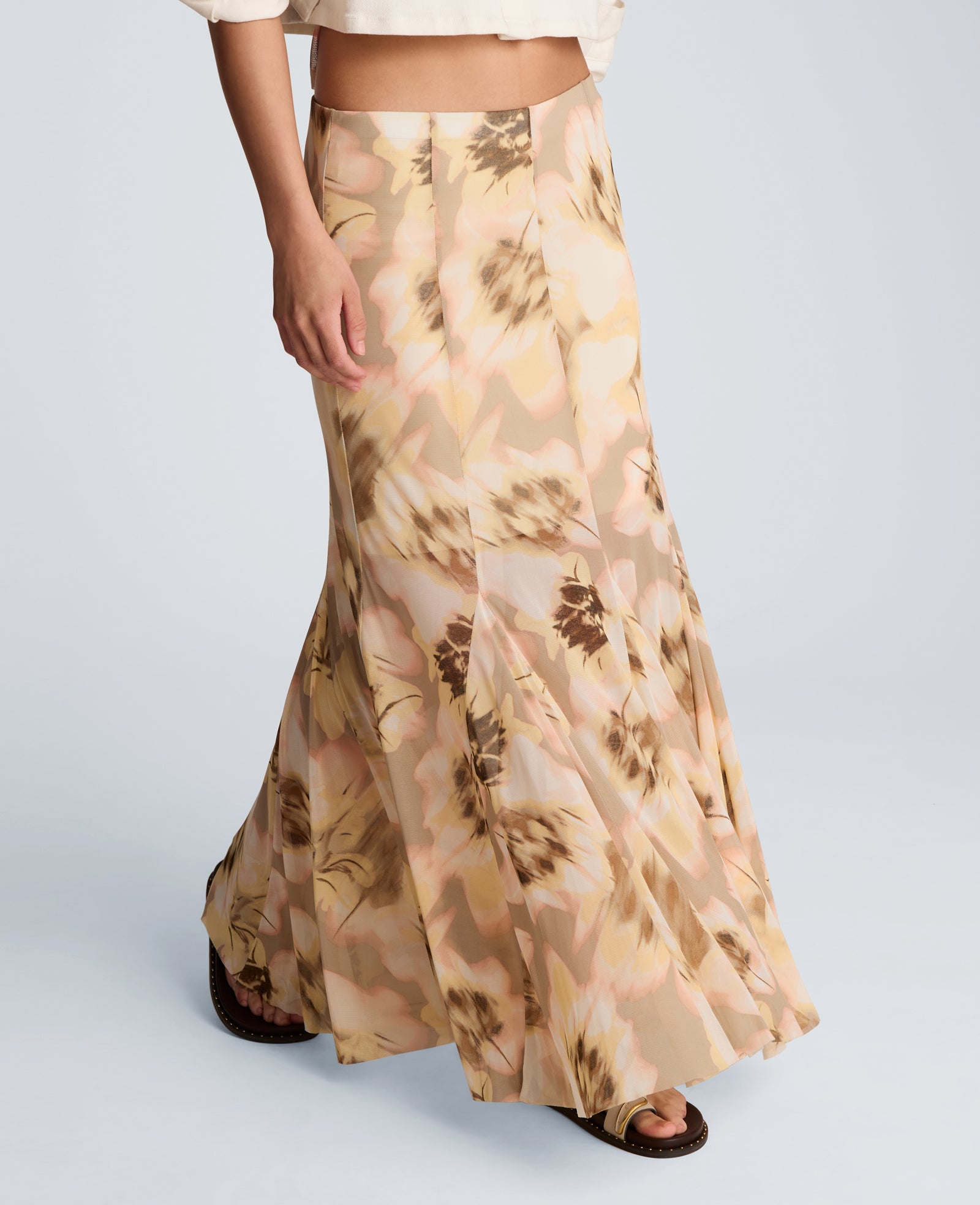 Kenneth Cole Reaction Mesh Pull On Godet Fit and Flare Maxi Skirt gonna lunga gialla fantasia in mesh
