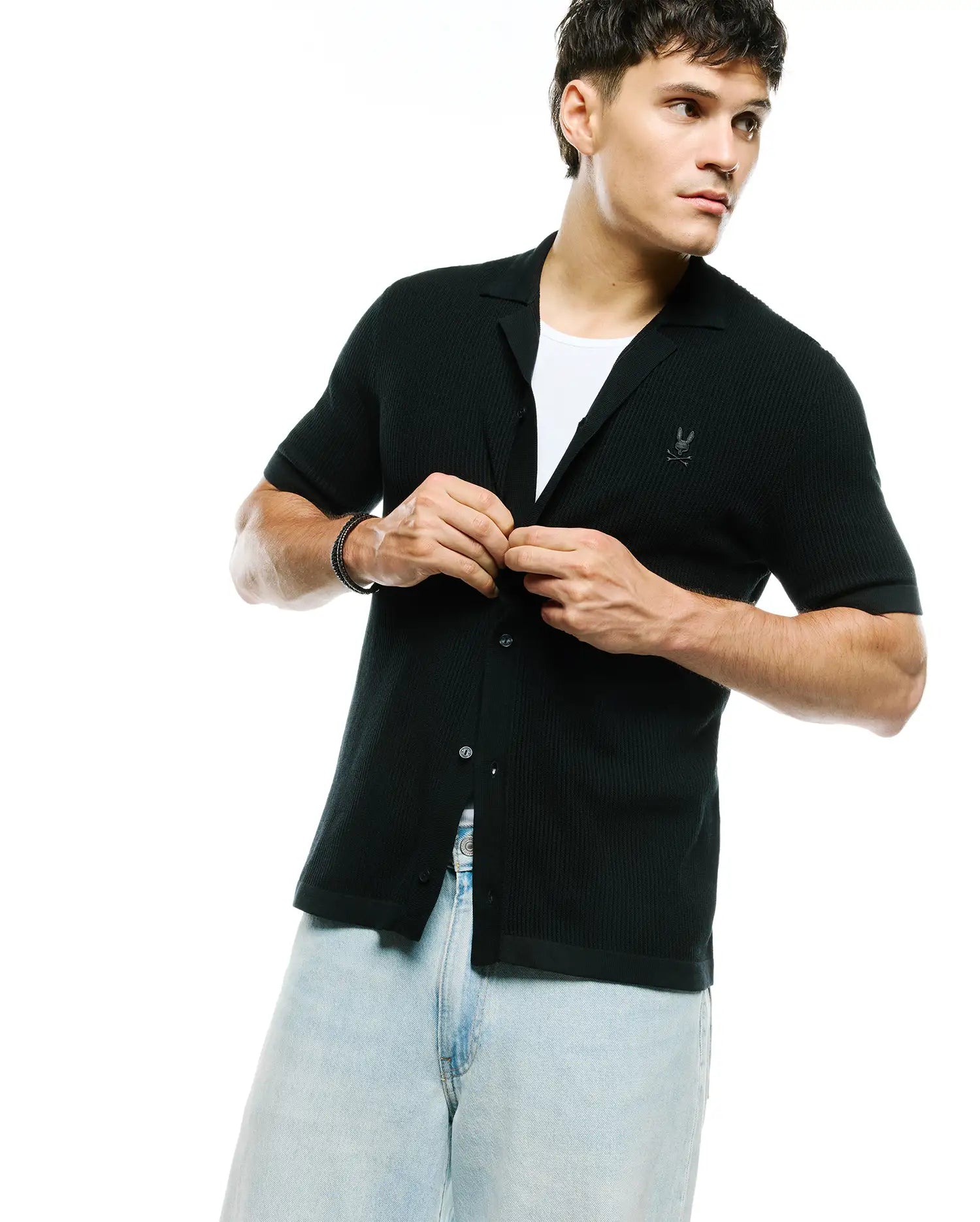 Psycho Bunny Men's Shirts MENS YANN KNIT CAMP SHIRT - MT0300171 camicia nera