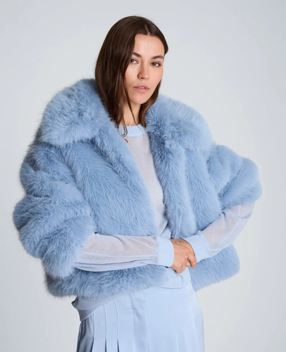 Kenneth Cole Reaction Cropped Fur Jacket with Hook and Eye Closure giacca blu XS ecopelliccia