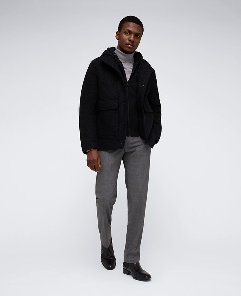 Kenneth Cole Reaction Clothing Boucle Wool Jacket with Attached Jersey Hood giacca nera in lana