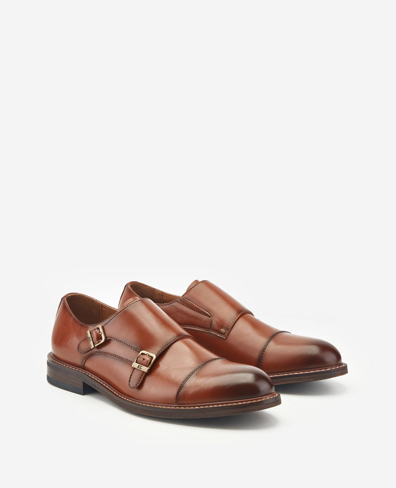 Kenneth Cole Reaction Leland Monk Strap Cap Toe Oxford scarpe tan 7M con plantare removibile
