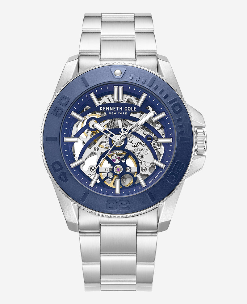 Kenneth Cole Reaction Watches Skeleton Automatic Blue Contrast Dial Bracelet Watch orologio automatico argento e blu